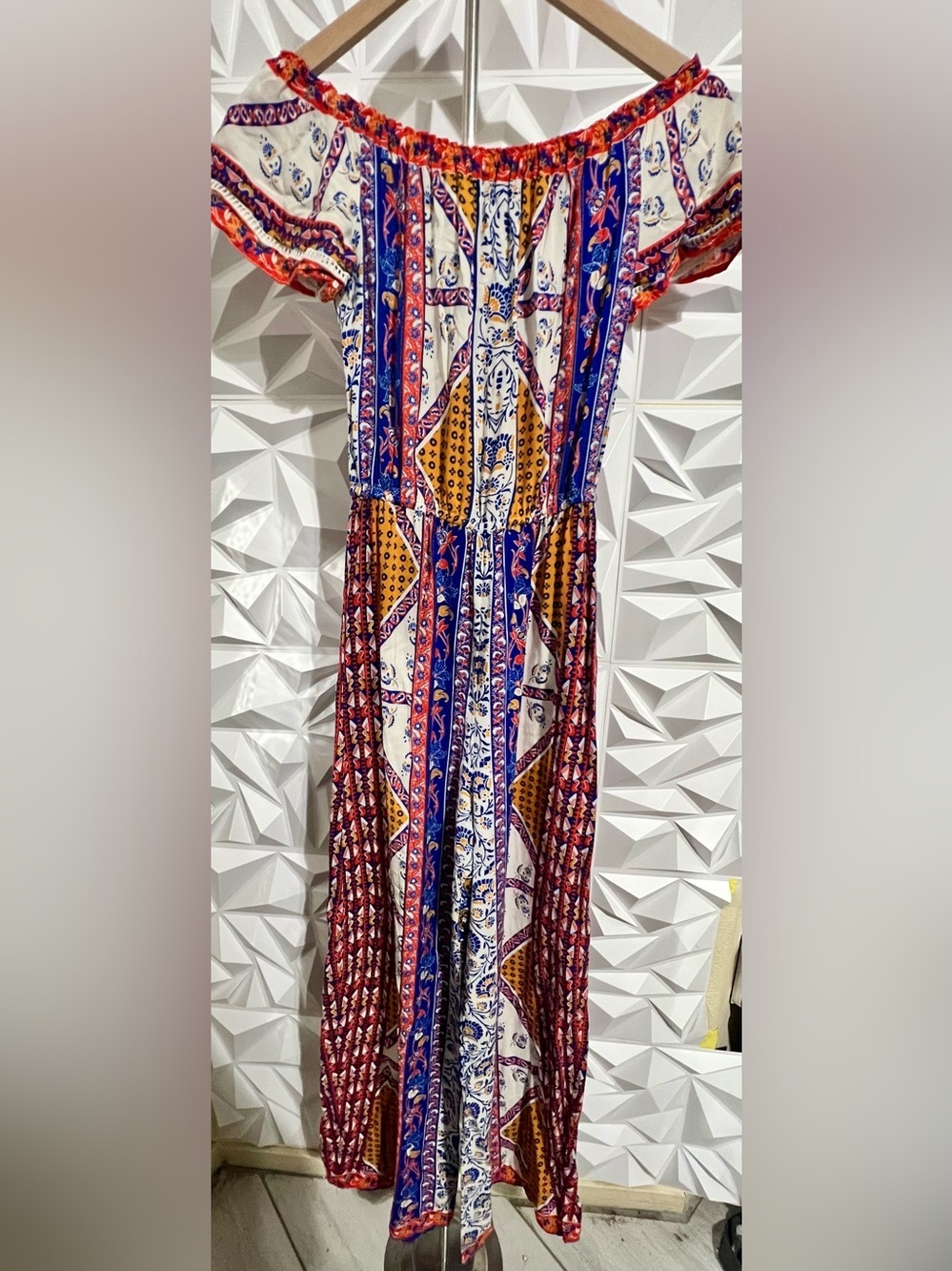 Flying Tomato Women’s Off Shoulder Jumpsuit Romper Blue Orange Geo Print XS